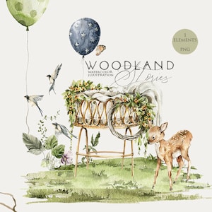 Clipart culla Acquerello bosco Acquerello Cervo piccolo palloncino fulvo Festa baby shower Woodland Clip art neonato digitale