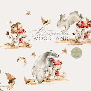 Autumn woodland clipart Watercolor woodland animals Fall forest Baby clip art Watercolour bunny rabbit badger mushroom Woodland baby shower