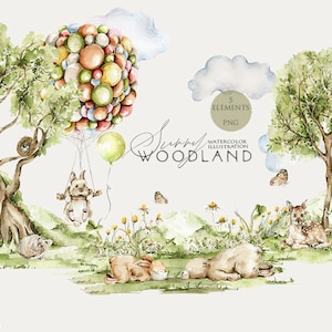 Animais da floresta clipart Bebês fofos da floresta Coelho aquarela Veado urso Decoração de berçário da floresta Convite para chá de bebê Clip art de aniversário da floresta