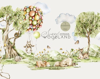 Woodland animals clipart Forest cute babies Watercolor bunny deer bear Woodland nursery decor Baby shower invite Woodland birthday clip art