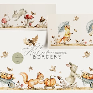 Otoño bosque frontera clipart acuarela animales clip art Marco de bosque Bebé conejito oso zorro Borde sin costuras Hojas de otoño Setas PNG