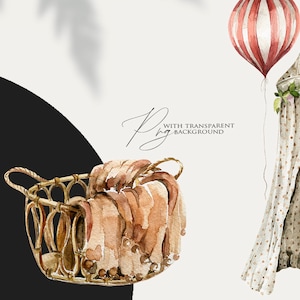 May include: A watercolour illustration of a wicker basket filled with brown blankets, a striped hot air balloon, and a white tent with a floral garland. The background is white with shadows.