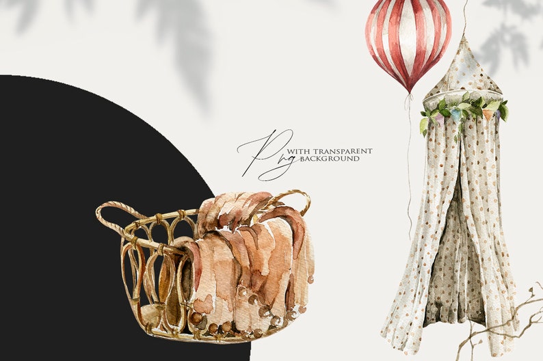 May include: A watercolour illustration of a wicker basket filled with brown blankets, a striped hot air balloon, and a white tent with a floral garland. The background is white with shadows.