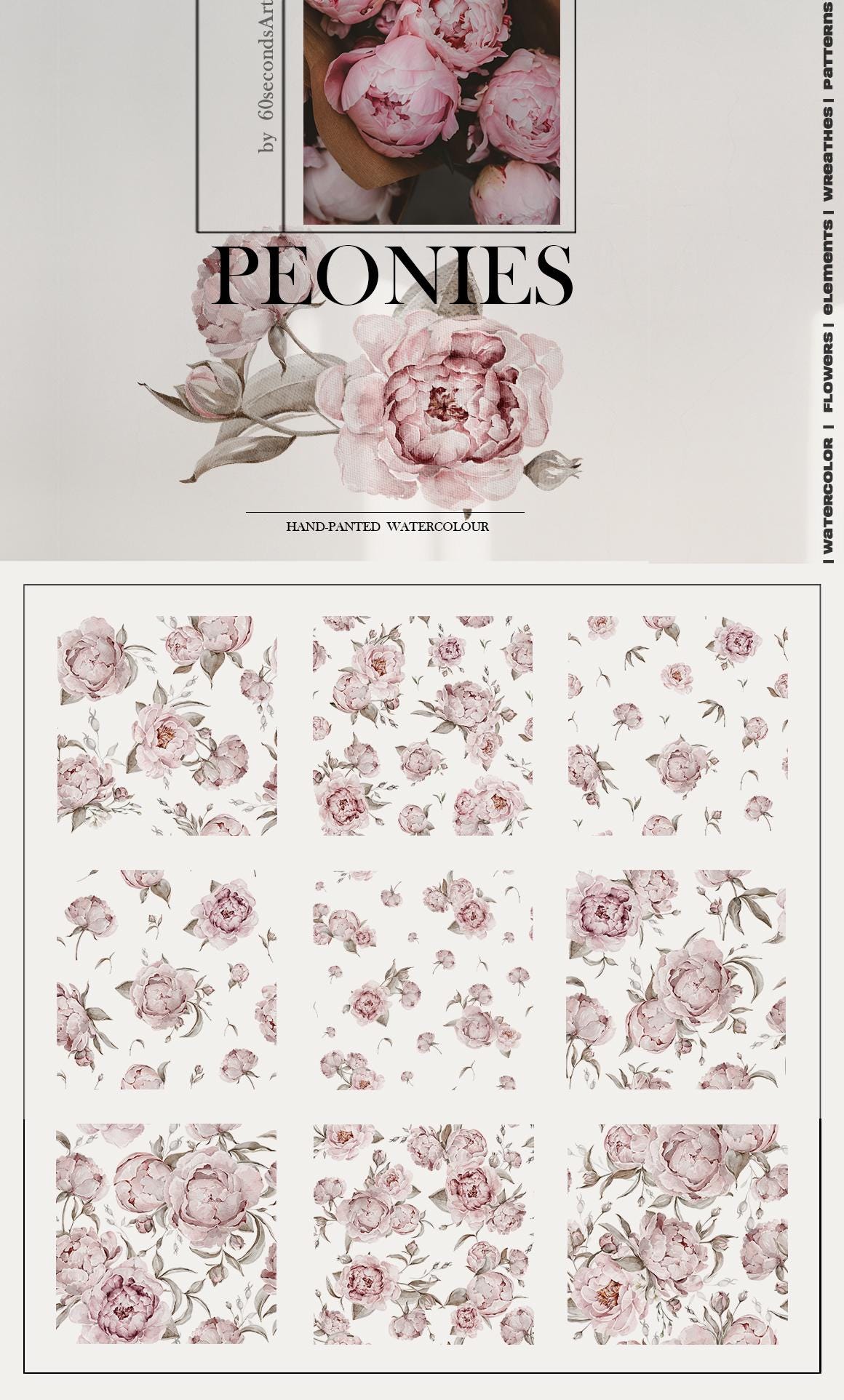 Floral Seamless Patterns Digital Paper Pack Watercolor Peony Flowers ...