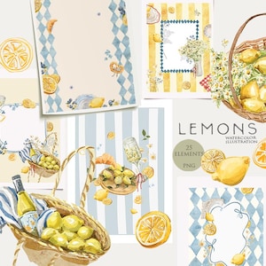 Watercolor lemons clipart Mediterranean lemon clip art Italian frame Fresh citrus La Dolce Vita Sicilian posters Digital print Positano png