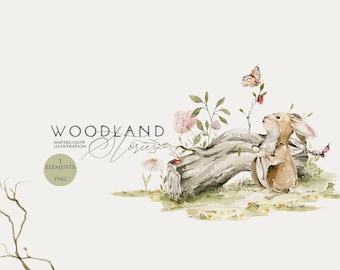 Animaux des bois clipart Lapin aquarelle Mignon bébé lapin Clipart de crèche Bébés des bois Fête d’anniversaire Woodland Décor de douche de bébé Nouveau-né