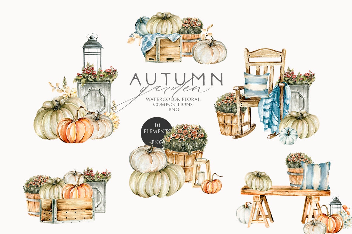 Autumn Garden Clipart Watercolor Pumpkins Fall Clip Art Harvest ...
