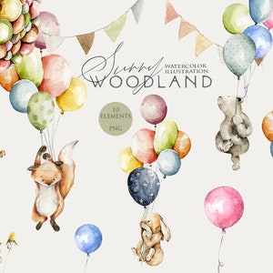 Birthday animals clipart Watercolor cute bunny bear fox Balloons Nursery clipart Woodland birthday party Baby shower decor Baby girl clipart