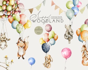 Birthday animals clipart Watercolor cute bunny bear fox Balloons Nursery clipart Woodland birthday party Baby shower decor Baby girl clipart