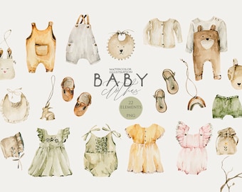 Baby clothes clipart Baby girl dresses Watercolor nursery print Boho baby shower Neutral eco kids Water color newborn clip art Beige Png