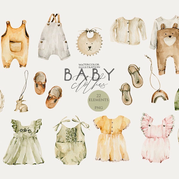 Baby clothes clipart Baby girl dresses Watercolor nursery print Boho baby shower Neutral eco kids Water color newborn clip art Beige Png