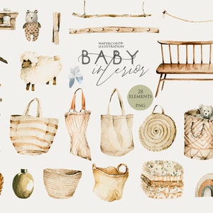 Boho nursery clipart Aquarelle bébé boho Décoration de crèche Boho baby shower inviter Nouveau-né clip art Neutre éco enfants Aquarelle beige Png