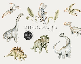 Dinosaurs clipart Nursery wall art Dino birthday Kids room Digital print Baby shower decor Watercolor dino Dinosaur stickers T Rex PNG