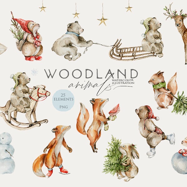 Christmas animals Woodland animal clipart Winter holiday Cute baby animals Nursery art Bear Bunny Fox Deer Watercolor clip art Digital Png