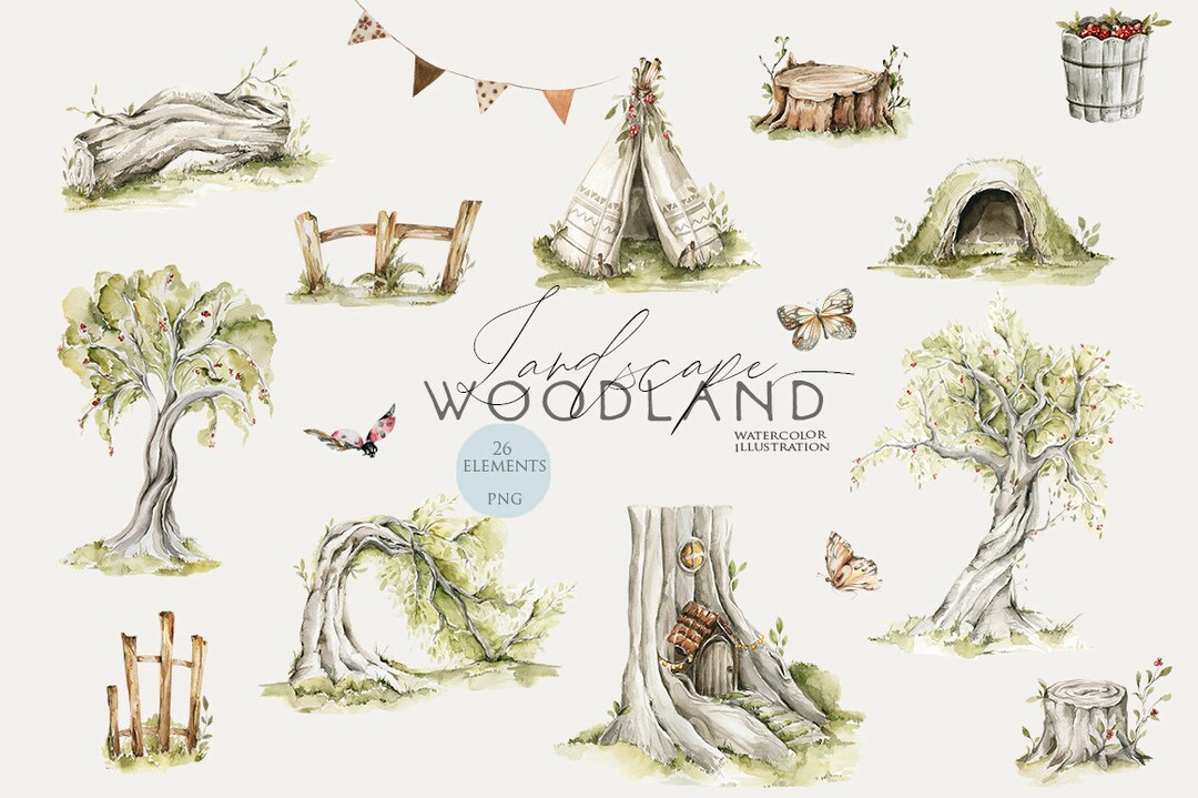 Woodland Scene Watercolor Woodland Clipart Forest Landscape Tree