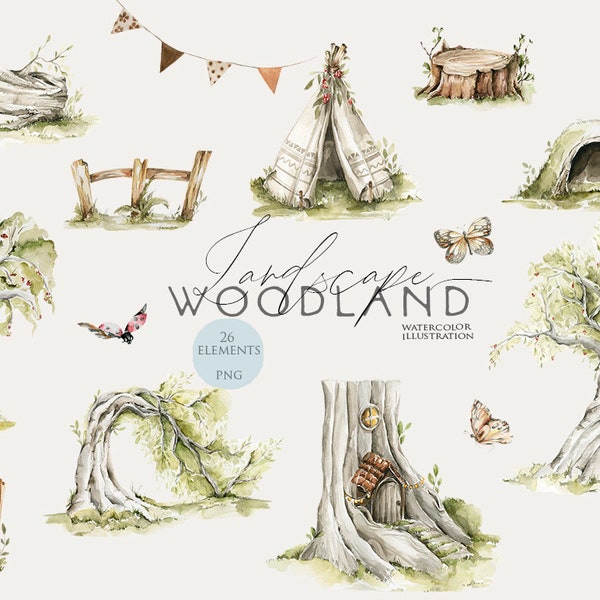 Woodland scene Watercolor woodland clipart Forest landscape Tree Nursery clip art Woodland birthday party Baby shower decor Digital Png