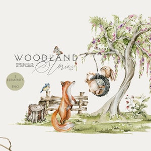 Aquarelle boisé clipart Bébés animaux Aquarelle lapin renard lapin Arbre forestier Verdure Aquarelle cramponnette clipart Woodland party