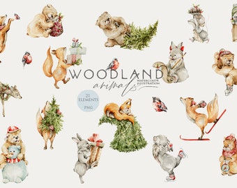 Christmas animals clipart Watercolor woodland animal Winter holiday Woodland babies Nursery decor Forest Bear Bunny Fox clip art Digital Png