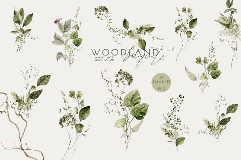 Op de afbeelding: Waterverf illustraties van 15 bosjes in tinten groen. De bosjes bevatten bladeren, bloemen en takken. De tekst "Woodland Sprigs" is bovenaan de afbeelding in cursief geschreven.