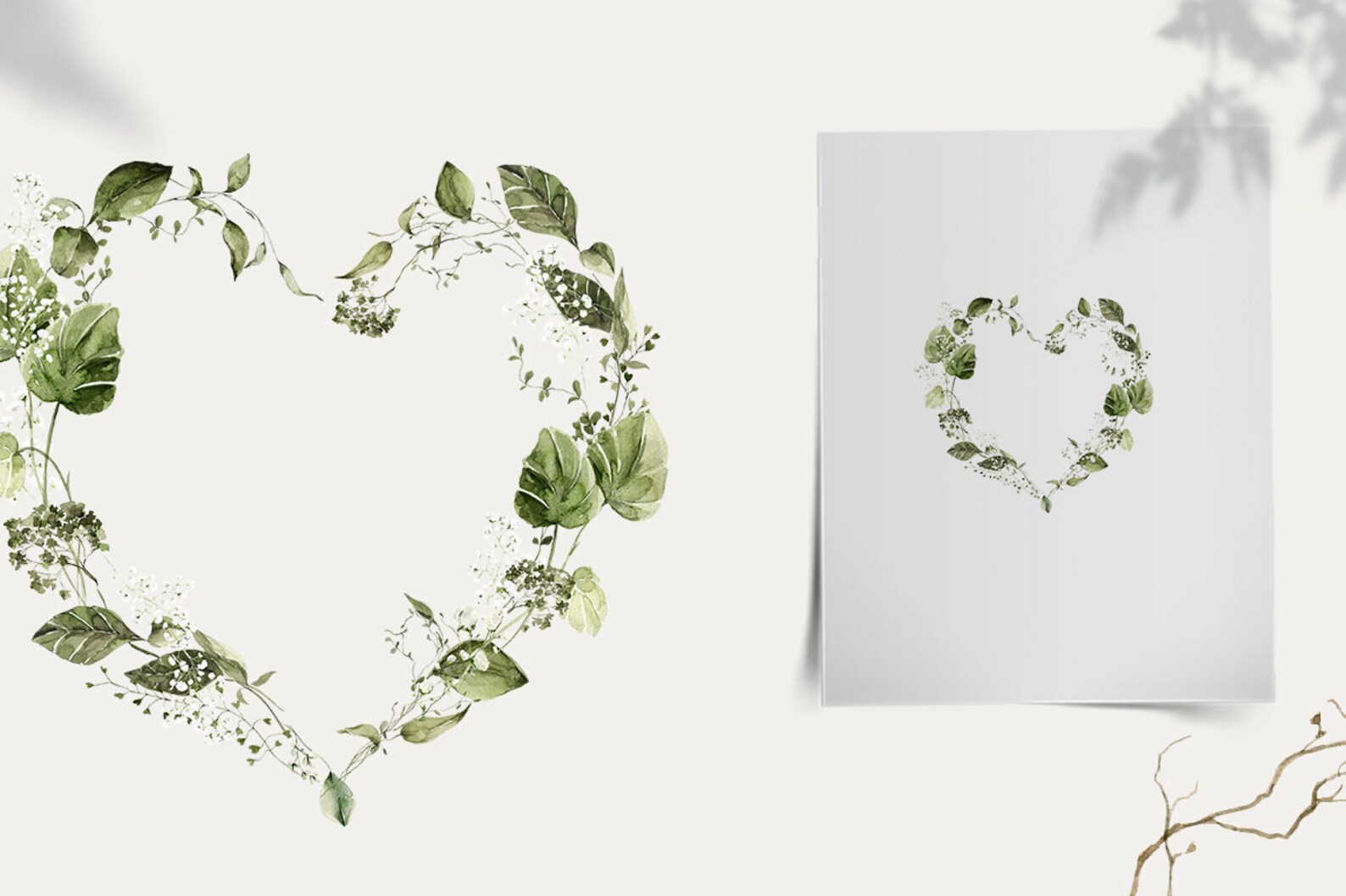 Watercolor Floral Heart Greenery Wreath Clip Art Woodland Clipart Field ...