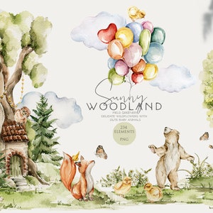 Animaux des bois clipart aquarelle lapin ours renard bébé fille clipart forêt animaux champ fleurs bébé douche inviter Woodland anniversaire Png