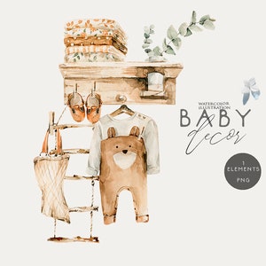 Babykleding clipart Aquarel jongen clip art Boho kwekerij ontwerp Boho kamer interieur Babydouche uitnodigen Neutrale kinderen afdrukken Pasgeboren baby Png
