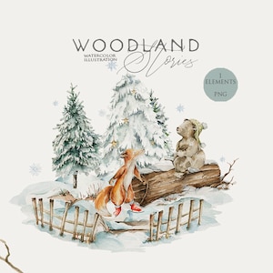 Winter woodland Christmas animals clipart Forest bear fox Watercolor bear clip art Cute animal Nursery wall art Woodland baby shower Newborn