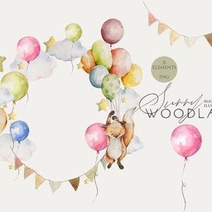 Baby Luftballons Kranz Geburtstag Rahmen Clipart laden niedliche kleine Fuchs ClipArt Aquarell Tiere Sterne Wolken Baby-Dusche-Karte Kinderzimmer Dekor