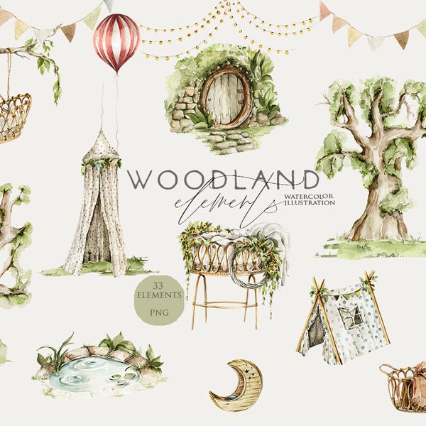 Woodland clipart Watercolor forest landscape Woodland nursery decor Woodland baby shower invite Watercolour tree cradle balloon Newborn Png