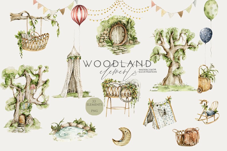 May include: Watercolour illustrations of woodland nursery decor elements, including a treehouse, a tent, a crib, a hot air balloon, a moon, a rocking horse, and a basket. The illustrations are in shades of green, brown, and blue.