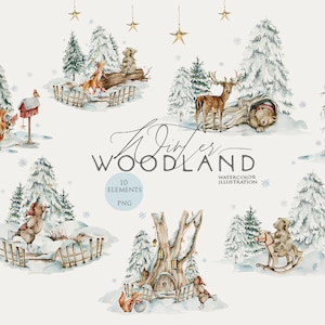 Clipart bois d’hiver mignon bébé animaux aquarelle bois enneigé pépinière wall art bébé douche décor ours renard Woodland fête numérique Png