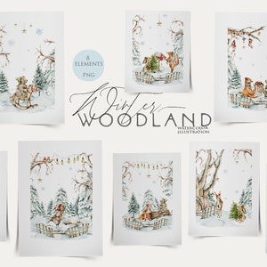 Bois d’hiver clipart Bois de Noël Mignon bébé animaux clip art Snowy Nursery wall art Bear Bunny Fox Deer Aquarelle Digital Png