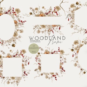 May include: A set of 15 watercolor illustrations of woodland frames. The frames are made of dried flowers, branches, and berries. The frames are in various shapes, including oval, rectangle, and hexagon. The frames are perfect for adding a touch of nature to your projects.