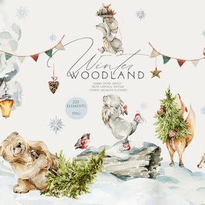 Clipart di Natale nel bosco Animali della foresta Clip art delle vacanze invernali Acquerello orso animale Coniglio Volpe Neve Clip art dell'asilo nido Png digitale