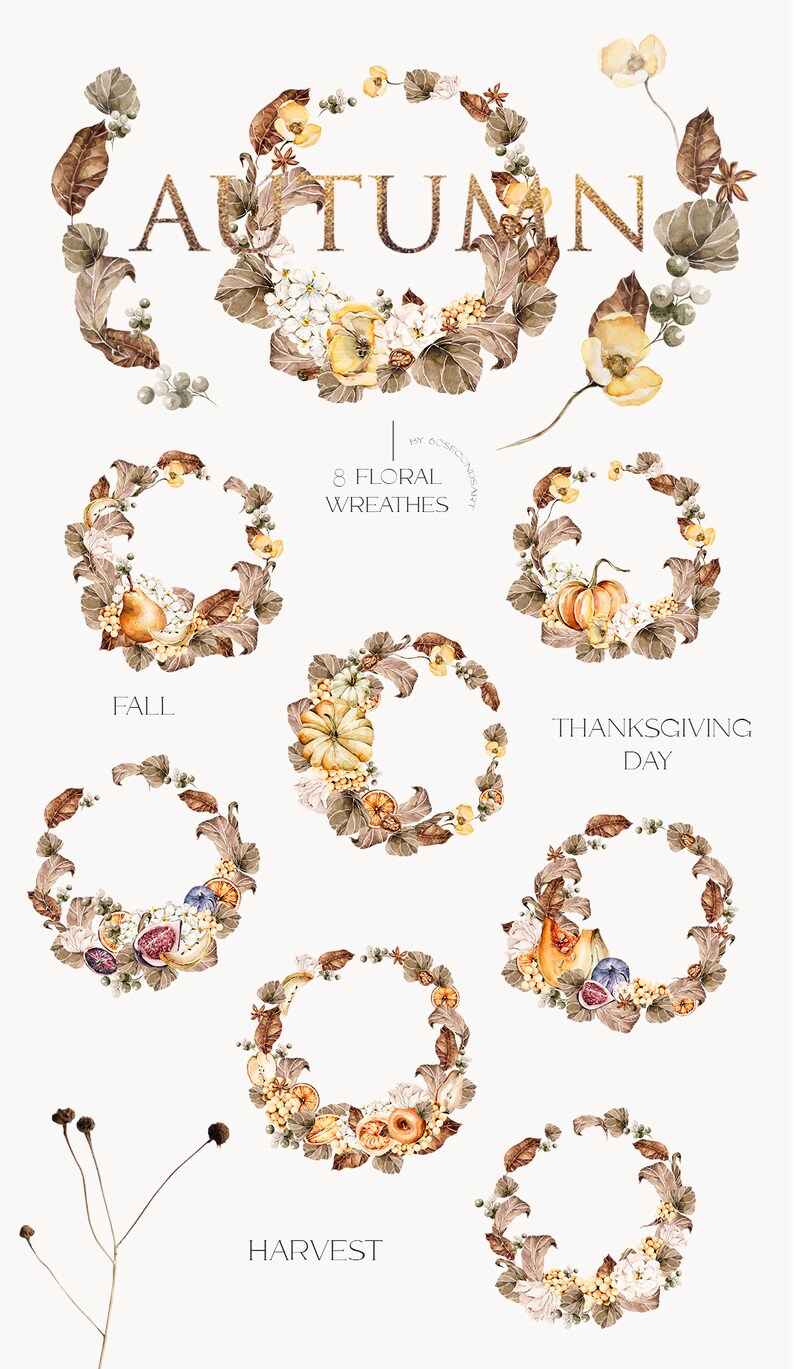 Autumn Clipart Fall Garden Wreath Watercolor Pumpkins Floral Frame Clip ...