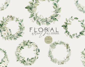 Watercolor greenery wreath, Floral clipart, Green leaves frame, Watercolor flowers clipart, Botanical border png, Leaf, Wedding card Digital