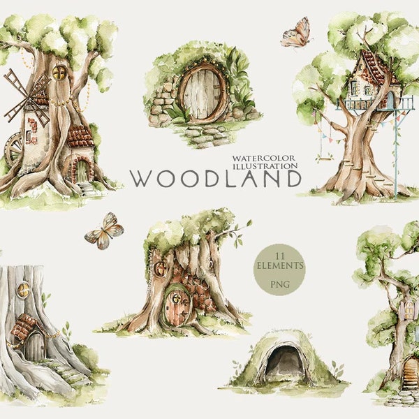 Scène boisée aquarelle cabane dans les arbres clipart forêt paysage arbre maison pépinière clip art Woodland anniversaire bébé douche décor numérique Png