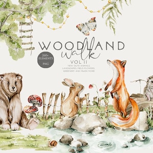 Animaux de la forêt clipart Aquarelle ours lapin renard hérisson Mignon bébé animaux Nursery clipart Woodland Baby shower décor Fête d'anniversaire Png