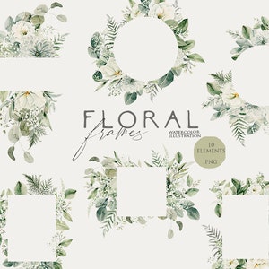 Watercolor greenery clipart, Floral frame, Greenery border, Watercolor flowers clipart, Botanical png, Green leaves, Fern, Wedding Digital