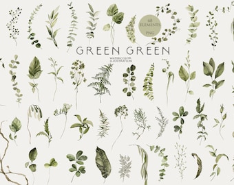 Watercolor greenery clipart Green leaves clip art Watercolour foliage Botanical floral elements Forest leaf png Wedding card design Digital