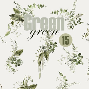 Ramo de vegetación de acuarela Imágenes prediseñadas de acuarela digital Composición verde floral Clip art de boda Arreglo de hojas verdes Follaje PNG