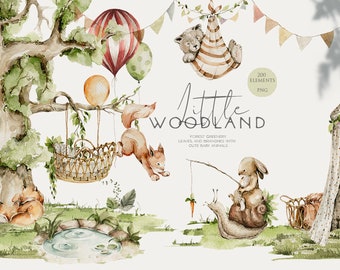 Little woodland clipart Cute baby animals Watercolor animal Forest greenery Bear Bunny Fox Baby shower card Woodland birthday party Newborn