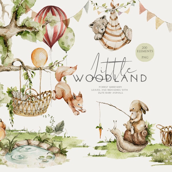 Little woodland clipart Cute baby animals Watercolor animal Forest greenery Bear Bunny Fox Baby shower card Woodland birthday party Newborn