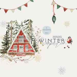 Casa de natal clipart Aquarela floresta de inverno Vila de natal clipart Inverno aconchegante Feliz ano novo Cartão de natal vintage Digital Png