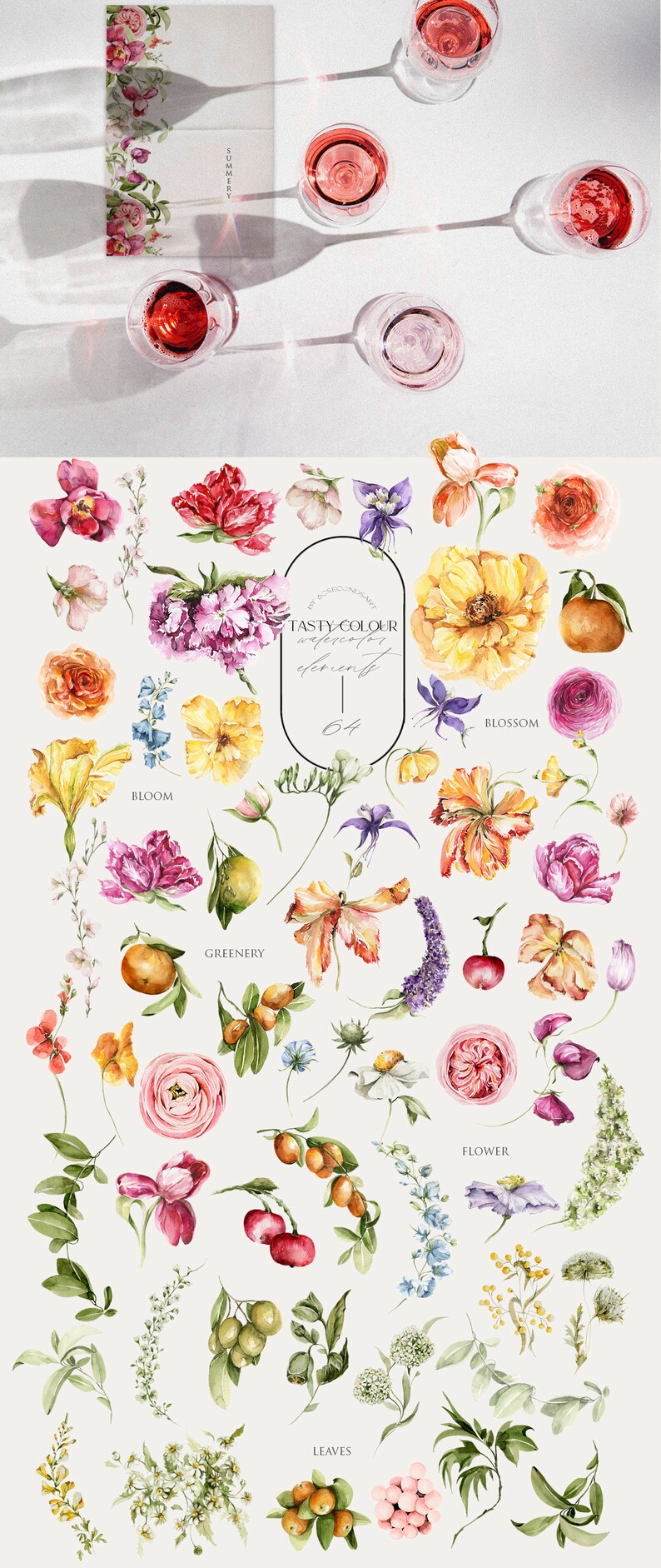 Op de afbeelding: Waterverfillustraties van verschillende bloemen, bladeren en vruchten. De illustraties zijn in verschillende kleuren, waaronder roze, geel, oranje, rood en groen. De illustraties zijn gelabeld met de namen van de planten, zoals "bloem", "bloesem", "groen", "bladeren" en "bloem".