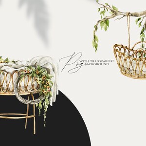 May include: Two watercolour illustrations of wicker baby bassinets. One is hanging from a tree branch with green leaves. The other is on a stand with a white blanket and green floral garland.