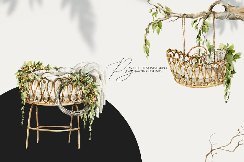 May include: Two watercolour illustrations of wicker baby bassinets. One is hanging from a tree branch with green leaves. The other is on a stand with a white blanket and green floral garland.