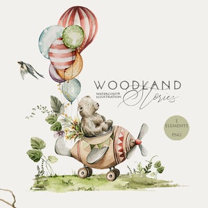 Aquarell Baby Bär niedliche Tiere Clipart Wald Geburtstagsparty Aquarell Bär Flugzeug Luftballons Kinderzimmer ClipArt Baby Junge Digital