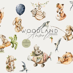 Animaux des bois clipart Joli bébé animal Woodland baby shower Nursery décor Aquarelle lapin renard ours Woodland fête d'anniversaire Aquarelle