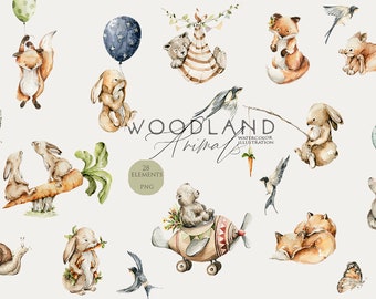 Woodland animals clipart Cute baby animal Woodland baby shower Nursery decor Watercolor bunny fox bear Woodland birthday party Watercolour